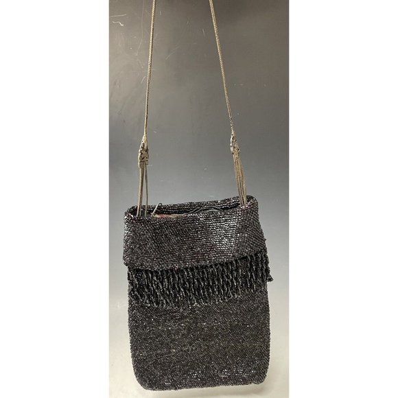 Antique Vintage 20th C.  Dark Black Red Beaded Flapper Art Deco Glass Purse Bag - Picture 13 of 16